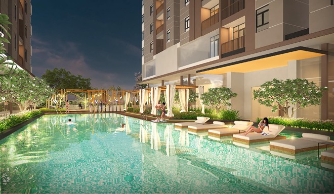 Phối cảnh hồ bơi dự án Luxcity được thiết kế theo kiểu resort nghỉ dưỡng.